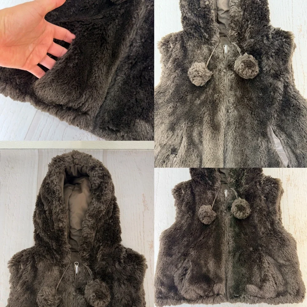 Y2K Faux Fur Hooded Puffer‎ Vest Girls Size 4/5 Brown Pom Pom Winter